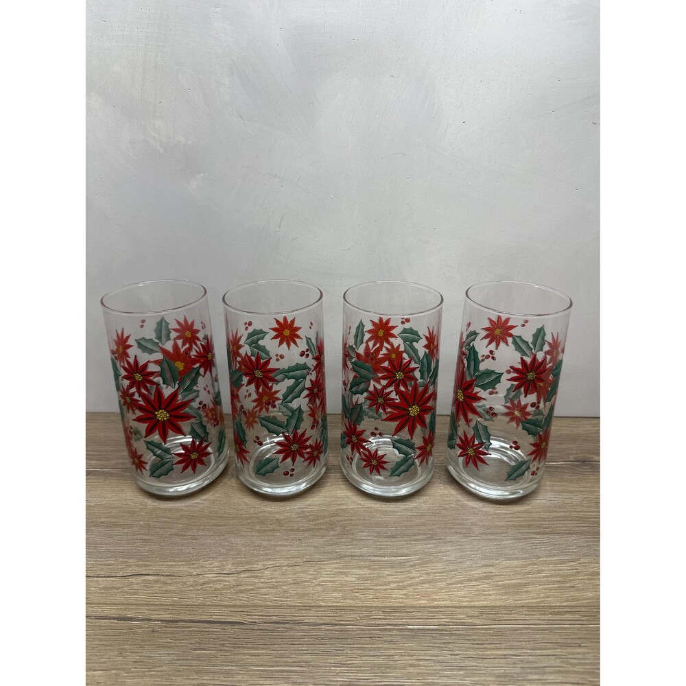 Vintage Libbey Poinsettia and Holly Clear Glass Tumblers Set of 4 Christmas 6"